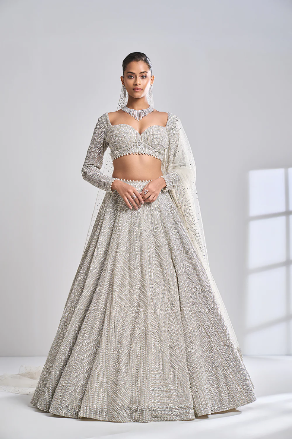 Silver sequin and bead work Lehenga with feather dupatta – Ricco India