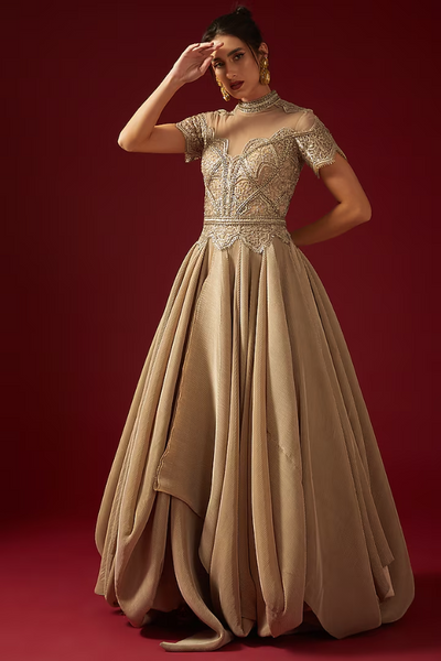 SHANTNU & NIKHIL Pleated Embroidered Draped Gown