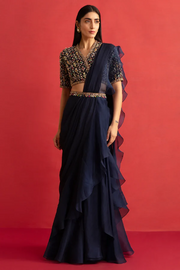 Blue ruffle pre stitched saree