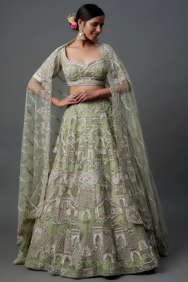 KALIGHATA Green Organza Embroidered Lehenga Set