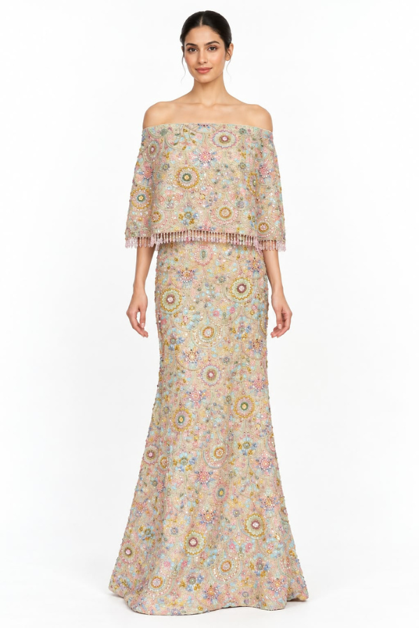 Pastel Multicolor embroidered skirt  with cape