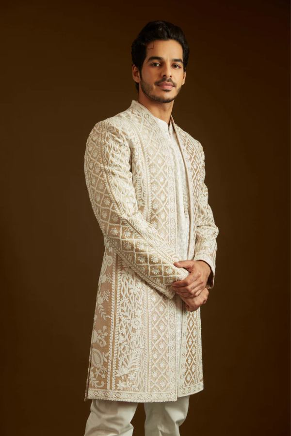 Seema Gujral Nude Cream Open Sherwani Set