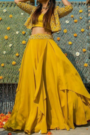 Sanya gulati Mustard Yellow Embroidered Jacket Lehenga Set