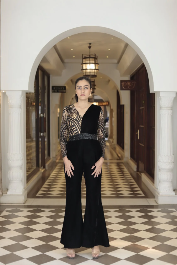 Nikhita Mynah black velvet jumpsuit