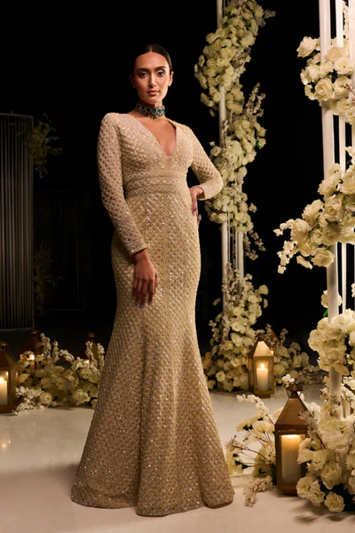 SEEMA GUJRAL IVORY FISH CUT GOWN