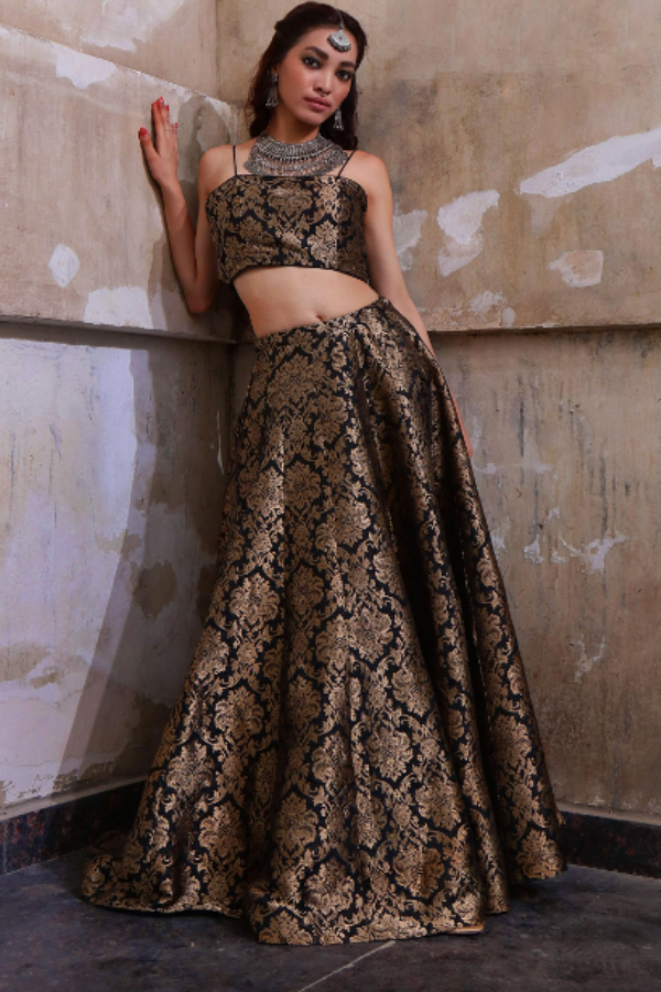 Black Banarsi lehenga set - Main Image
