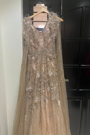DOLLY J Beige Shimmer Embroidered Gown