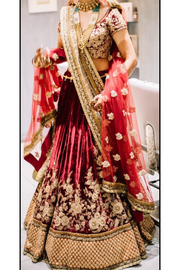 Sabyasachi Maroon velvet embroidered lehenga