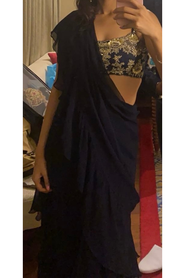 SANYA GULATI  Blue Ruffle Pre-draped Saree