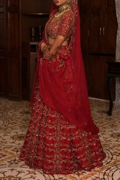 Astha narang red embridered lehenga set