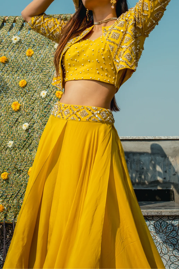 Mustard Lehenga Set Highlighted With Shells And Mirror Work – Swish By  Dolcy & Simran