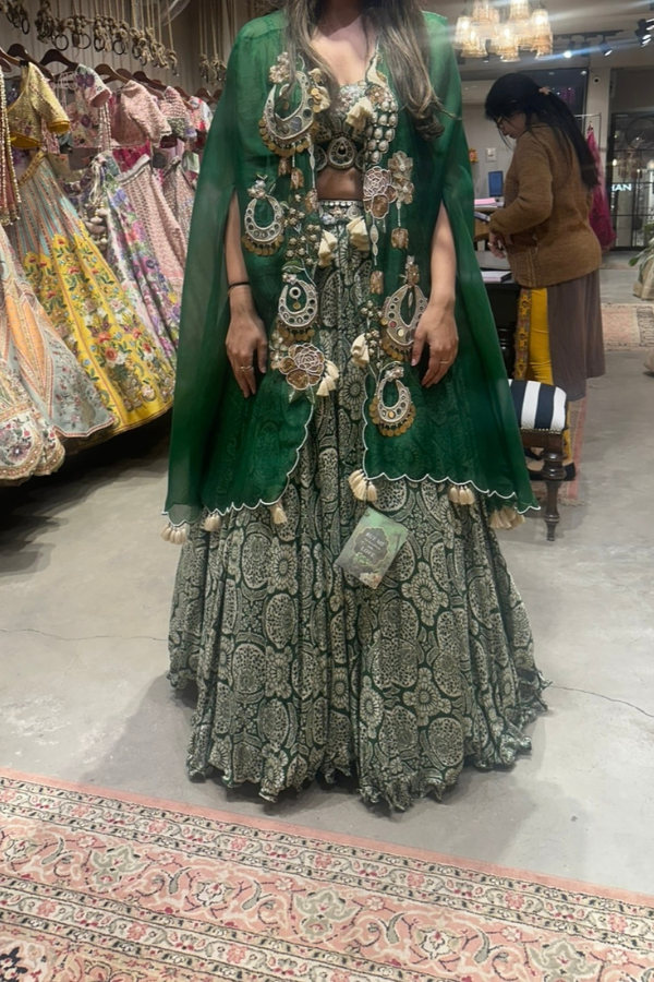 Gazal Gupta Chandbali Cape And Printed Top + Skirt