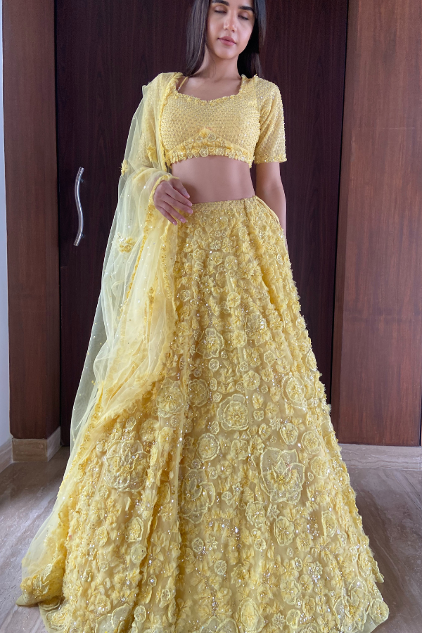 Seema Gujral Three-Dimensional Yellow Floral Lehenga Set