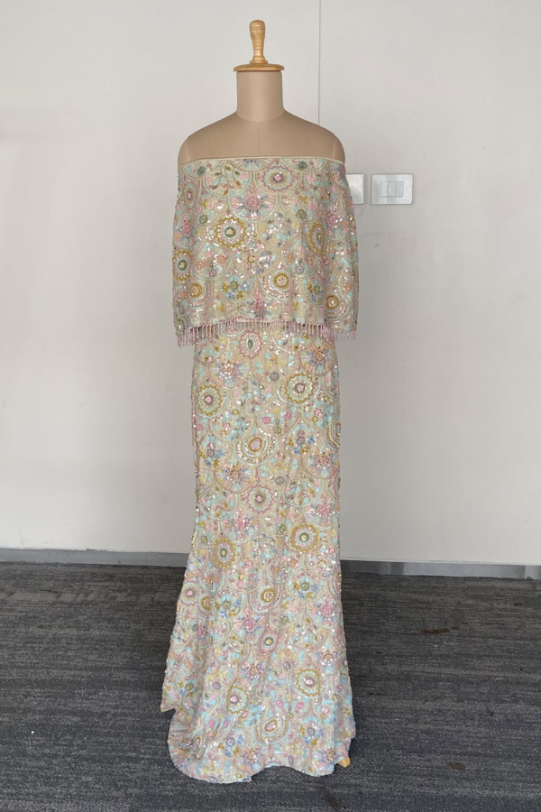Pastel Multicolor embroidered skirt  with cape