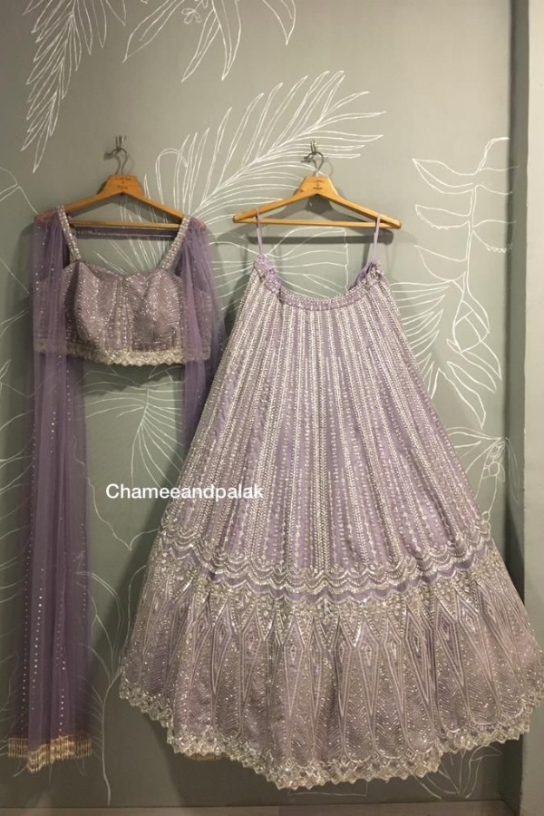 Chamee and Palak Lilac lehenga with cape