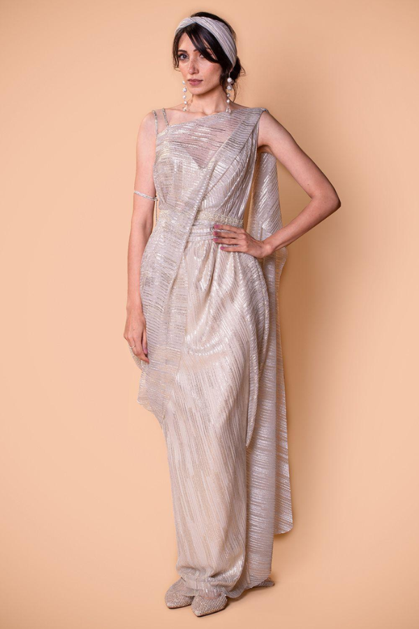 Tarun Tahiliani Ivory pre-draped saree gown