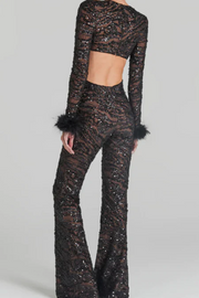 Nadine Merabi BLACK BACKLESS SEQUINED FEATHER JUMPSUIT