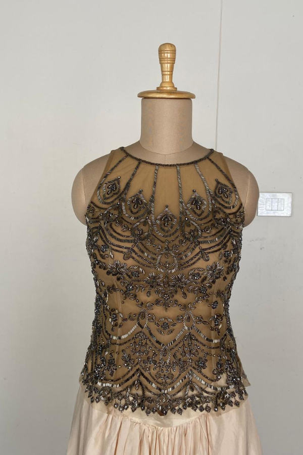 Jade By Monica & Karishma Champagne Embellished top with flowing skirt