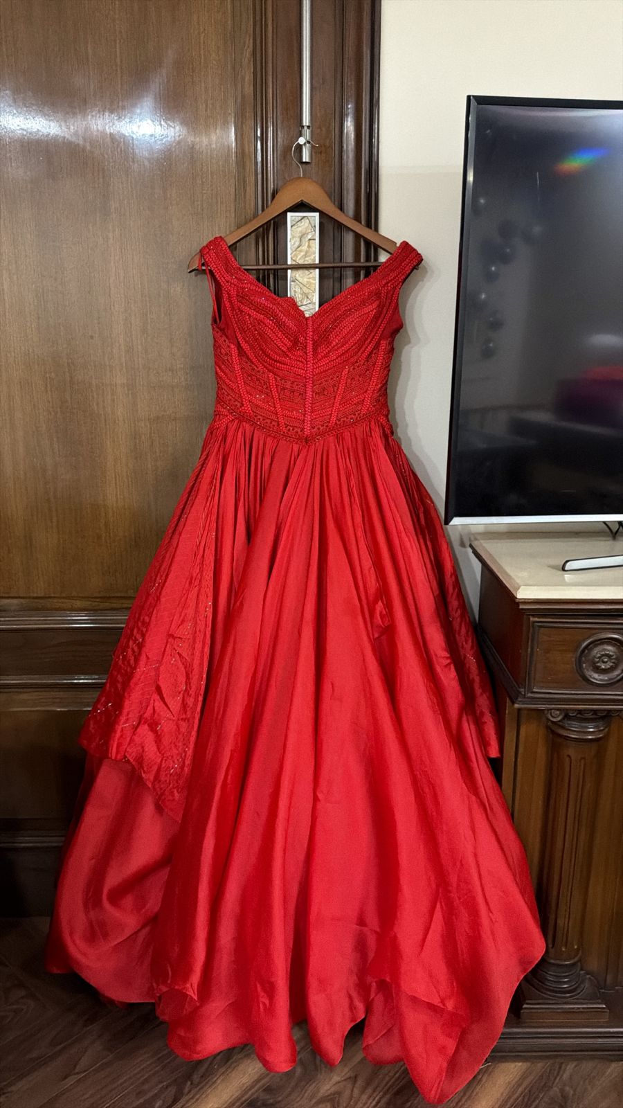 Shantanu & Nikhil Red Evening Gown  Description: