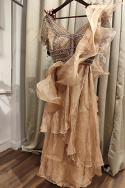 SONAAKSHI RAAJ Nude Embroidered Ruffle Skirt Saree with Blouse