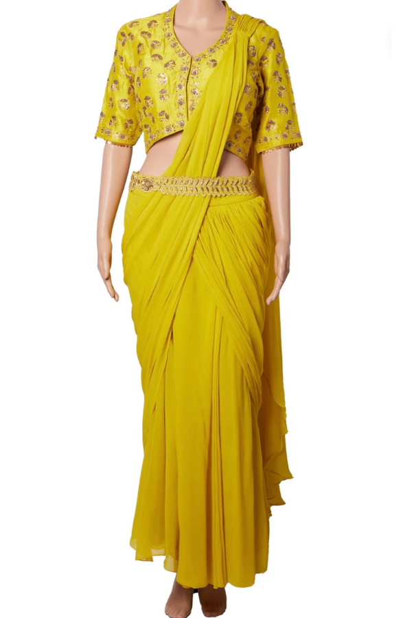 Paulmi & Harsh Lime Yellow Georgette Pre-Stitched Saree Set