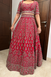 MRUNALINI RAO Cadmium Red Embroidered Lehenga Set