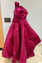 Amit Aggarwal Fuchsia Hand Woven Metallic Textile Draped Gown