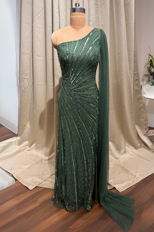 Green Embellished One Shoulder Gown with train - Main Image