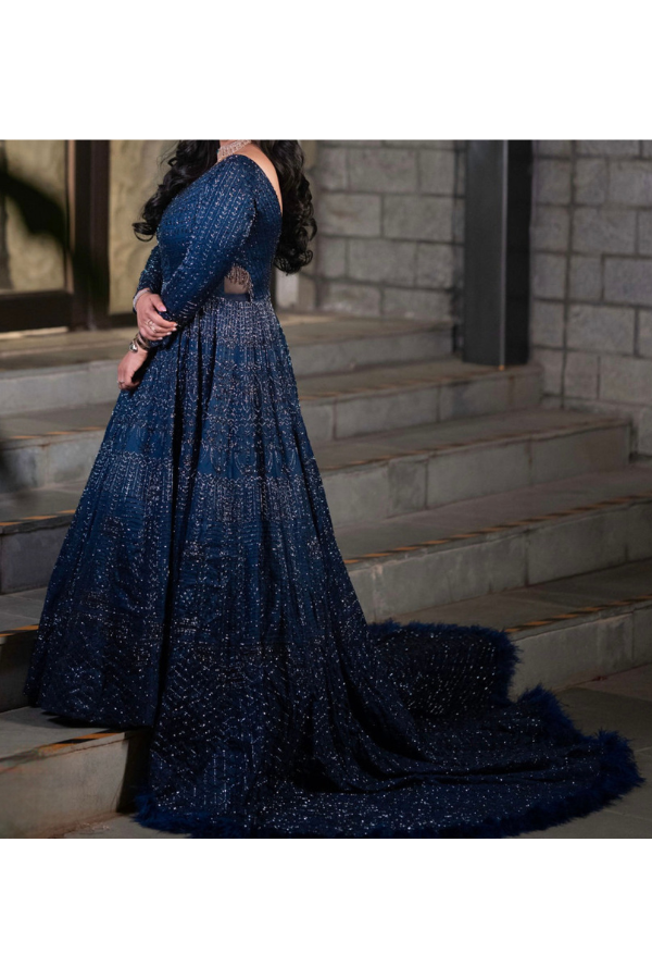 Varun chakkilam Sapphire Blue Floral Gown