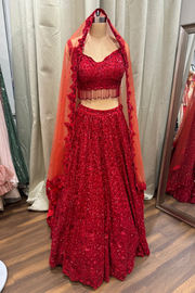 red sequin lehenga