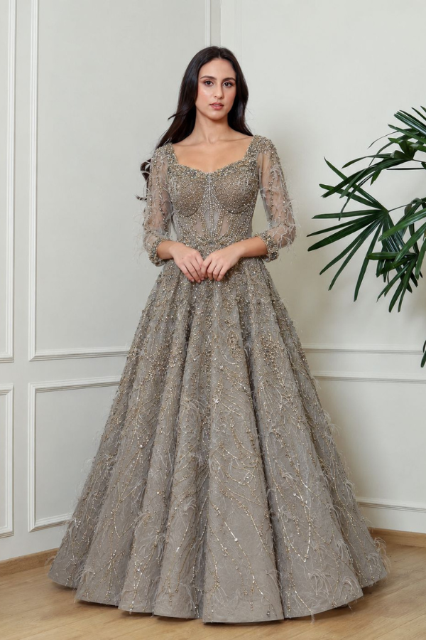 Embellished Grey Feather Gown