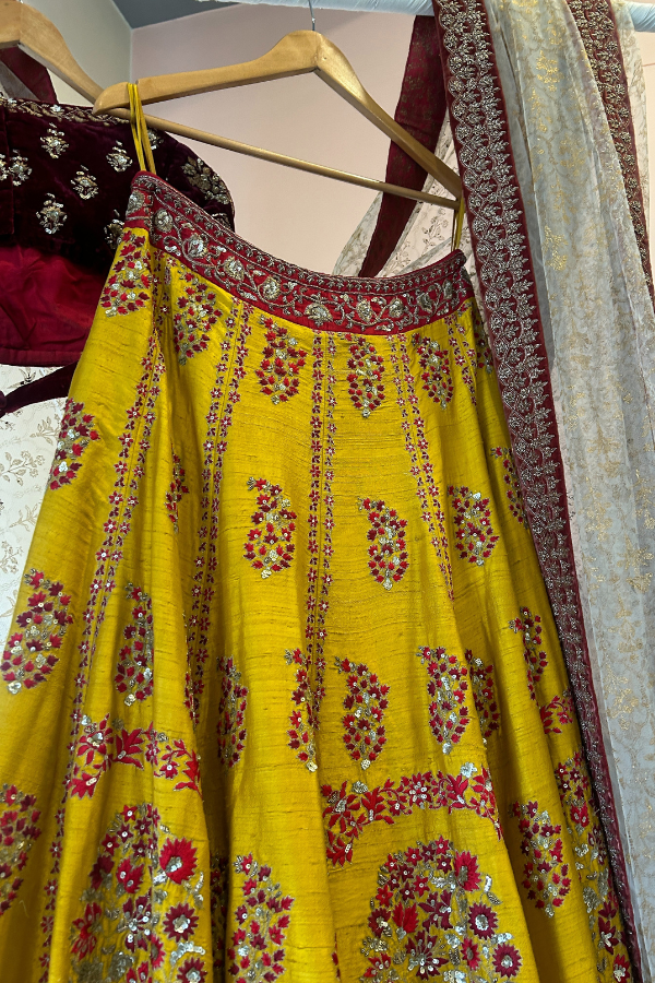 Anju Modi mustard embroidered lehenga set