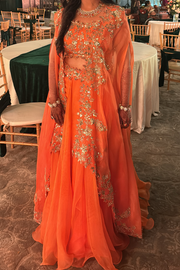 Anushree reddy orange lehenga cape set