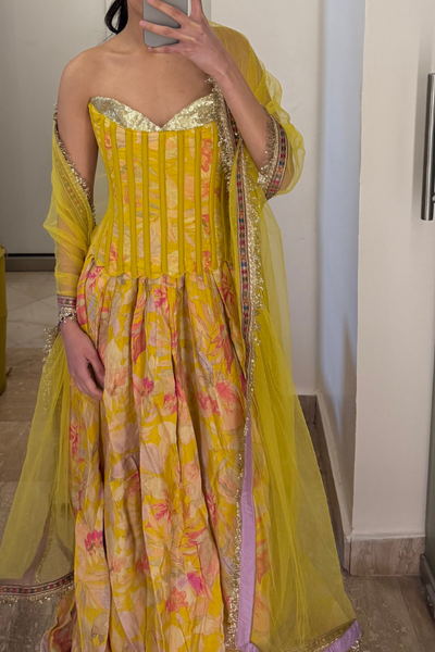 Yellow Sequinned Corset  Lehenga Set