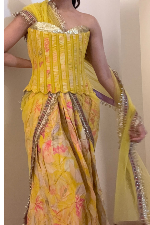 Yellow Sequinned Corset  Lehenga Set