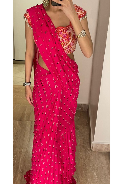 Hot pink pre stitched saree