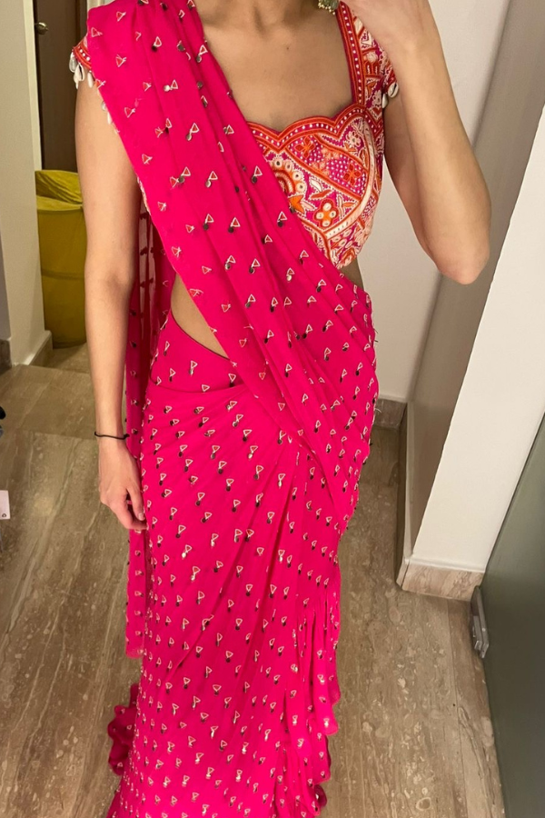 Hot pink pre stitched saree