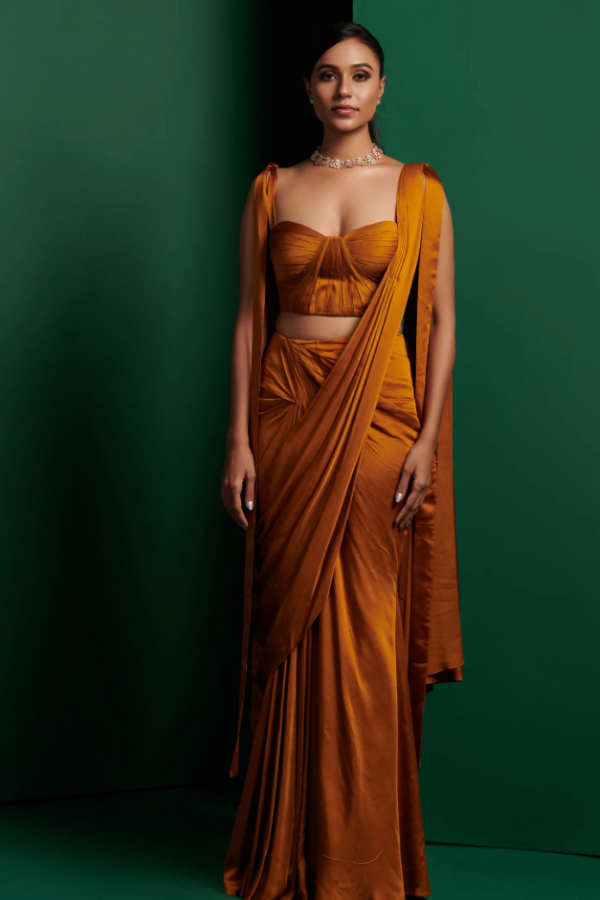 Mustard Yellow Corset With Pleated Drape Saree