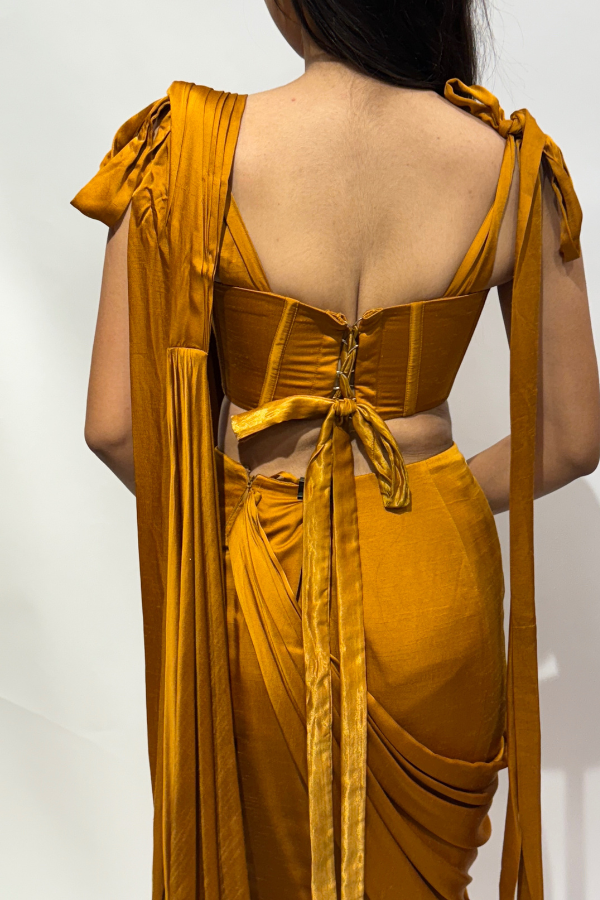 Mustard Yellow Corset With Pleated Drape Saree