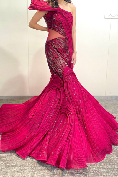 RED EMBELLISHED  SCULPTED GOWN