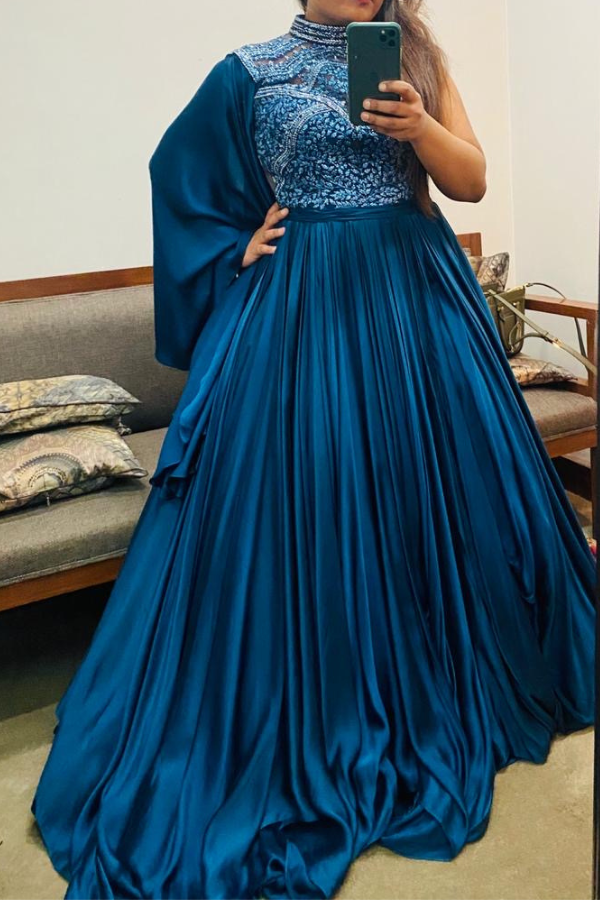 Shantnu Nikhil Blue Satin Embroidered Gown