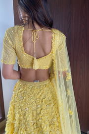 Seema Gujral Three-Dimensional Yellow Floral Lehenga Set