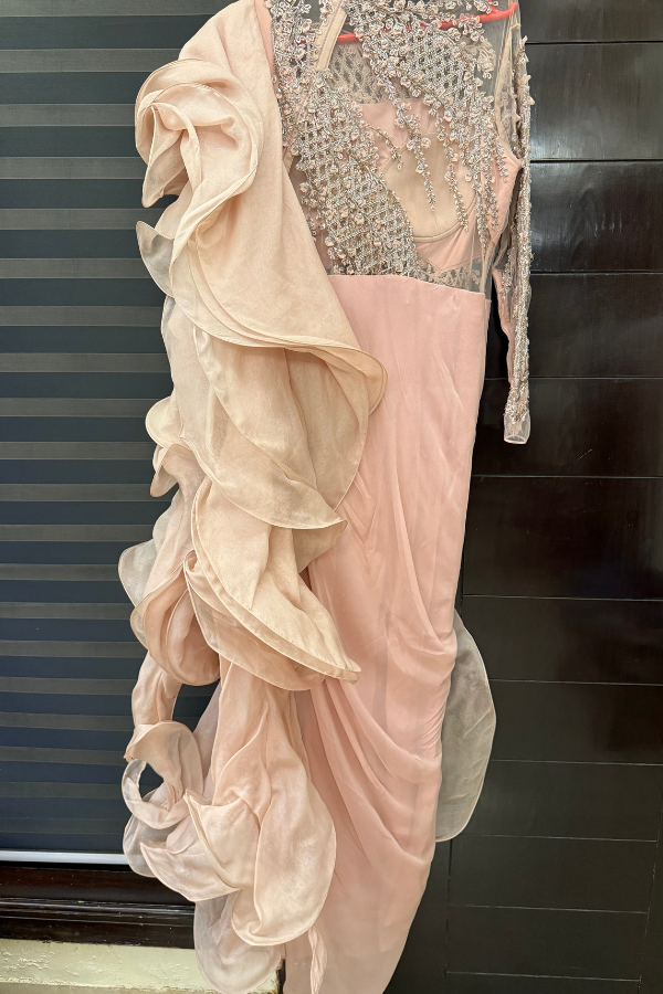 Gaurav Gupta Pink Embroidered Ruffle Saree Gown