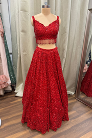 red sequin lehenga