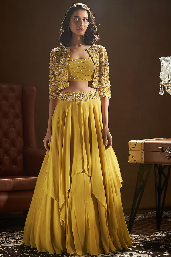 Buy Gold Jacket 100% Dupion Silk Blouse And Lehenga Tissue & Set For Women  by Talking Threads Online at Aza Fashions.