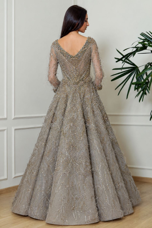 Embellished Grey Feather Gown