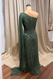 Green Embellished One Shoulder Gown with train