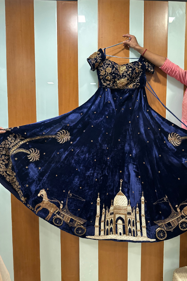 Gazal Gupta blue velvet lehenga