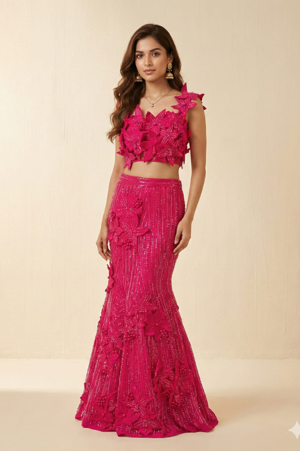 Fuchsia Bloom Fishcut lehenga set