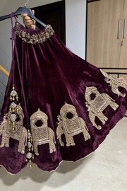 Gazal Gupta velvet wine embroidered lehenga set